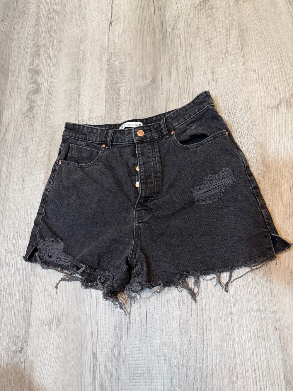 Zara Black Distressed High-Waist Denim Shorts